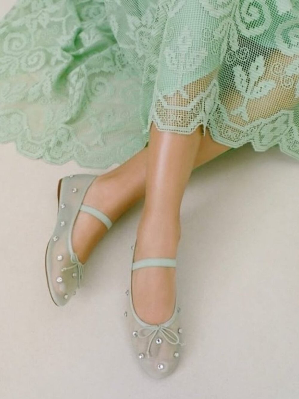 Loeffler Randall Leonie Mary Jane Ballet Flats Size 10 Crystal Mesh Seafoam NEW